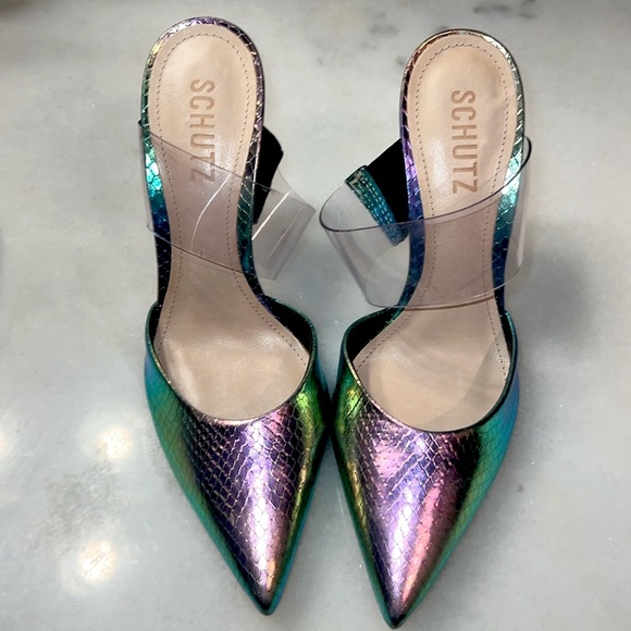 SCHUTZ Shoes - Schutz Sionne Snakeskin Metallic Rainbow Slide on Pumps Peep Toe Rainbow Heels